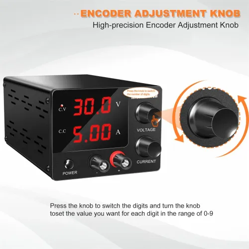 NICE-POWER SPS-E305 Mini Power Supply 0-30V 0-5A High-Precision Encoder Adjustment Sleek Black Design Stable DC Output