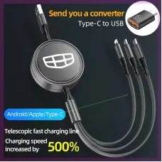 3-in-1 5A 100W USB-A to Micro/iP/Type-C Telescopic Cable Fast Charging Pure Copper Core Line 1.2M Long for iPhone 16 15 14 13 Pro Max for Huawei Mate XT for Xiaomi MIX Fold4 for Samsung Galaxy Z Flip6