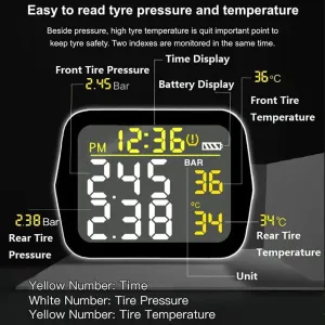 Wireless Motorcycle TPMS Tire Pressure Monitoring System Real Time LCD Display Waterproof Temperature Alarm 2 External Sensors Long Battery Life Plug and Play Sensor Monitoring