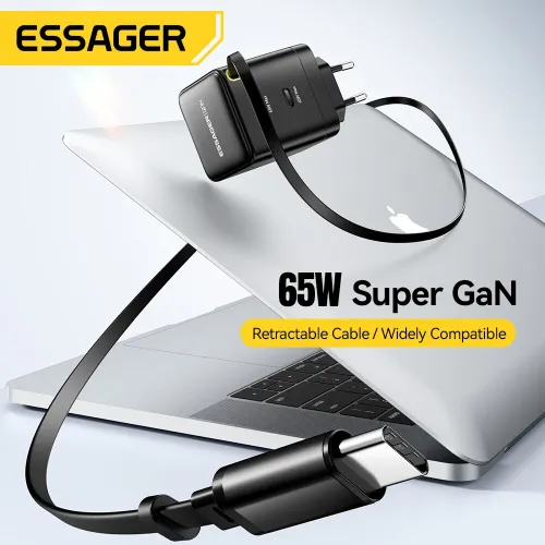 [GaN Tech] ESSAGER G652CE 65W 2-Port USB PD Charger Type-C+Type-C Retractable Cable Support PD3.0 QC4.0 PPS Fast Charging Wall Charger Adapter EU Plug US Plug for iPhone 16 16Pro 15 14 13 Pro Max for Huawei Mate XT for Xiaomi 15pro