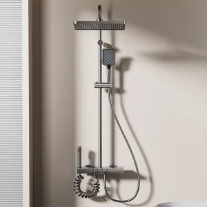 Space Aluminum Digital Display Square Shower Set Piano Button Bathroom Booster Shower Head System With Ambient Light Wall Mount Bracket Bathroom Faucets