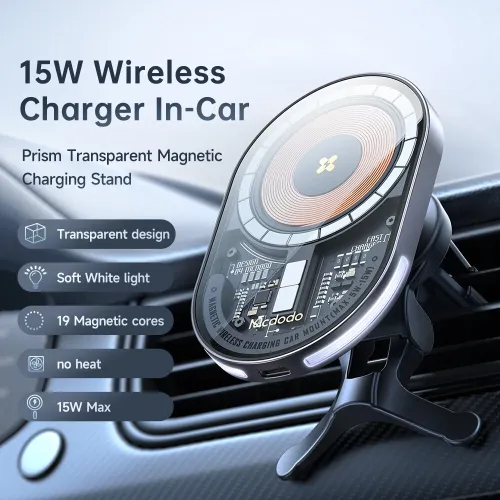 Mcdodo 15W Magnetic Wireless Charger Car Mount PD3.0 QC3.0 Fast Charging Transparent 360 Rotation Breathing Light