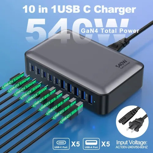 [GaN Tech] Bakeey 540W 10-Port USB PD Charger 5USB-A+5USB-C PD3.0 QC3.0 FCP BC1.2 Fast Charging Desktop Charging Station EU Plug for iPhone 17 17Pro 16 15 14 Pro Max 13 12 for Huawei Mate XTs for Xiaomi 17pro for iPad for Airpods for Apple Watch