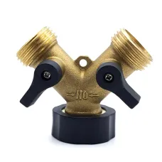 Solid Brass 2 Way Y Valve Garden Hose Connector Splitter Adapter 3x3x2 inches with Moderate Grip and Rubber Finish - Ball Valve Dual Ports