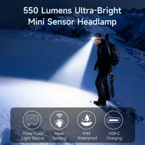 BIKIGHA39 550 Lumens Ultra-Bright Mini Sensor Headlamp Spotlight + Floodlight) Wave Sensing 3-Color Light IP44 Waterproof USB-Rechargeable for Camping Hiking