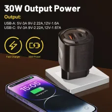 30W 2-Port USB PD Charger USB-A+Type-C PD QC3.0 Fast Charging Wall Charger Adapter EU Plug US Plug for Huawei Mate XT for iPhone 16 16 Plus 15 14 13 Pro Max for Samsung Galaxy Z Flip6 for Oppo Reno 13