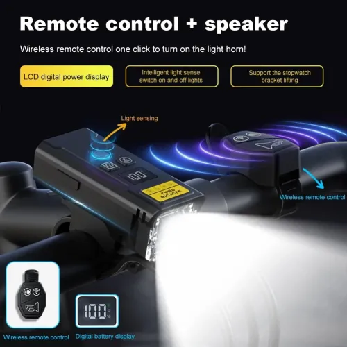 BIKIGHQ09L Wireless Remote Control Bicycle Headlight with Horn Smart Light Sensor Digital Power Display Type-Charging Waterproof Bike Front Light for Outdoor Night Riding Safety