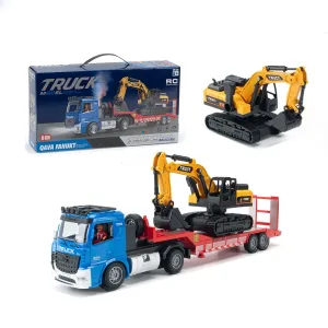 KFPLAN 689-964A Alloy Trailer Engineering Transporter RC Car Flatbed Remote Control Model with RC Excavator Children Toy