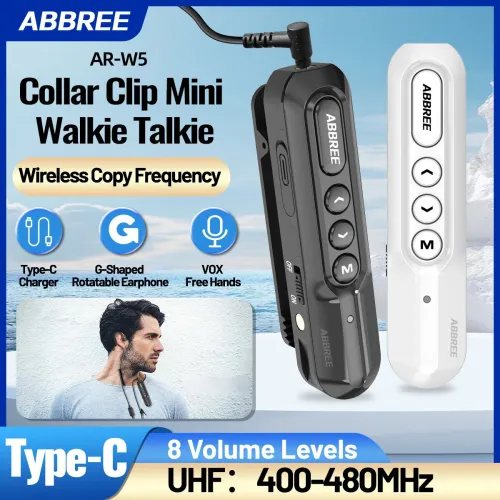 ABBREE AR-W5 Collar Clip Mini Walkie Talkie Wireless Copy Frequency UHF Type-C 8 Volume Levels G-Shape Two Way Handsfree Ham Radio