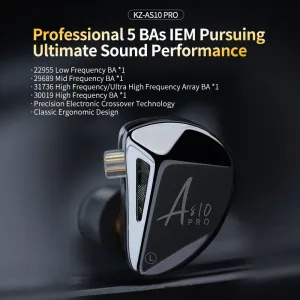 KZ AS10 PRO Wired Earphone 5BA IEMs Bass Stereo HiFi Monitor with Silver-plated Detachable Audio Cable 3.5mm Jack Earbuds Headphones