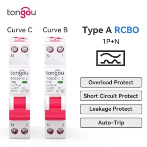 Tongou 16A/40A RCBO Residual Current Circuit Breaker 1P+N Type-B/C Curve 30mA Leakage Overload Protection Short Circuit Protection