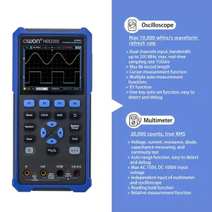 OWON HDS2202/HDS2202S 2CH Handheld Oscilloscope 200MHz Bandwidth 20000 Counts Multimeter OSC + DMM + Waveform Generator 3 in 1 Suitable for Automobile Maintenance and Power Test HDS2202 HDS2202S