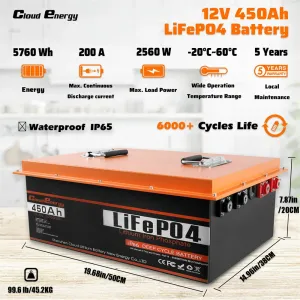 UDirect Cloudenergy 12V 450Ah LiFePO4 Battery Pack Backup Power 5760Wh 2560W Energy 6000+ Cycles Built-in 200A BMS, Support in Series/Parallel, Perfect for Replacing Most of Backup Power, RV, Boats, Solar, Trolling motor, Off-Grid CL12-450