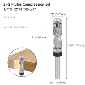 LAVIE 1/4" Shank Woodworking Solid Carbide CNC Router Bit  Spiral Compression Top Bearing Flush Router Bit Ideal for Carving Trimming Milling