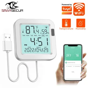 Smarsecur Smart Wifi Temperature and Humidity Sensor with Real Time Monitoring, Adjustable Temperature Modes Remote Access Energy Efficient Anti-Tamper Design Works with Smartphone Ideal for Home Climate Control