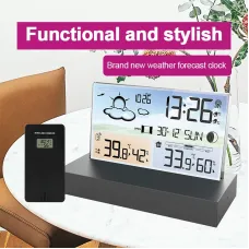 Clear Glass Weather Station Color Screen Thermometer Hygrometer Weather Forecast Calendar Wireless Indoors Outdoors Digital Temperature Humidity Monitor Alarm Clock