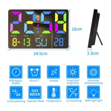 AGSIVO Large RGB Rainbow Digital Wall Clock Alarm Clock Large LED Display with Snooze / Remote Control / Automatic Brightness / Indoor Temperature / Date / Week / 12/24H For Home Office Classroom
