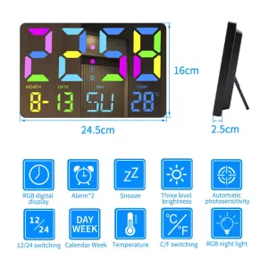 AGSIVO Large RGB Rainbow Digital Wall Clock Alarm Clock Large LED Display with Snooze / Remote Control / Automatic Brightness / Indoor Temperature / Date / Week / 12/24H For Home Office Classroom