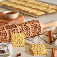 35x4.5cm Wooden Embossed Rolling Pin Biscuit Roller Christmas Baking Biscuit Cake Wooden for Pasta Cookie Dough Pastries Bakery Items Pizza