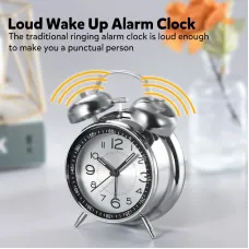 AGSIVO 4 Inch Loud Alarm Clock Twin Bell Analog for Heavy Sleepers Silent Non-Ticking Quartz with Backlight
