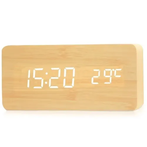 LED Electronic Wooden Alarm Clock Time Temperature Display USB + Battery Dual Power Supply Digital Alarm Clock LED Alarm Clock with Temperature Desk Clocks for Office Bedside Clock