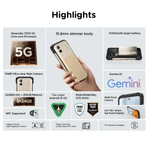 DOOGEE Blade20 Turbo 5G Gemini AI 32GB 256GB 50MP Dual Camera Dimensity 7050 6.6 inch 10300mAh 33W Fast Charge Android 15 NFC IP68 IP69K Waterproof Rugged Smartphone