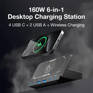 BlitzWolf BW-S27 160W 6-Port USB PD Desktop Fast Charger 2USB-A+4USB-C PD3.0 QC4.0 AFC FCP SCP PPS PE with 15W 10W 7.5W 5W Wireless Charger Desktop Charging Station EU Plug for iPhone 15 14 13 for MacBook Pro for Airpods for Apple Watch