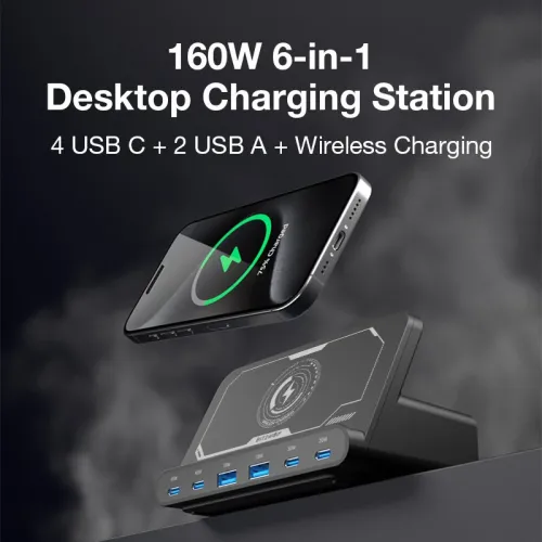BlitzWolf BW-S27 160W 6-Port USB PD Desktop Fast Charger 2USB-A+4USB-C PD3.0 QC4.0 AFC FCP SCP PPS PE with 15W 10W 7.5W 5W Wireless Charger Desktop Charging Station EU Plug for iPhone 15 14 13 for MacBook Pro for Airpods for Apple Watch
