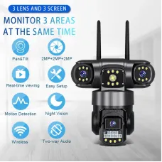 Three-lens 6MP WiFi PTZ Camera Intelligent Wireless Night Vision Motion Recognition Two-way Audio Real-time Monitoring Cameras for Outdoors Security Surveillance