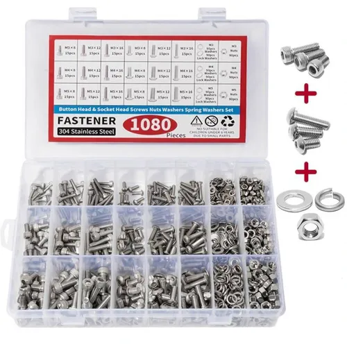1080pcs Nuts And Bolts Assortment Kit M3 M4 M5 M6 Screw Set Button Head & Socket Head Metric Screws 304 Stainless Steel Nut & Bolt Assortment Sets