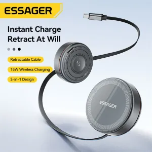 ESSAGER Z19 3-in-1 15W Wireless Charger with Retractable Cable Phone Stand Design Fast Wireless Charging Pad for Smart Phones for iPhone 17 17Pro 16 15 Pro Max for HUAWEI for SAMSUNG for Apple Watch for Airpods