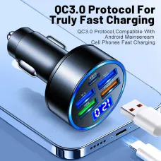 150W 5-Port USB PD Car Charger Adapter 4USB-A+1Type-C PD QC3.0 Fast Charging with Blue LED for iPhone 12 13 14 14 Pro 14Pro Max for Huawei Mate50 for Samsung Galaxy S23 for Xiaomi 13pro