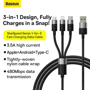 Baseus 3.5A USB-A to Micro/iP/Type-C Cable Fast Charging Data Transmission Tinned Copper Core Line 0.6M Long for iPhone 12 13 14 14 Pro 14Pro Max for Samsung Galaxy S23 for Xiaomi 13pro for Redmi K60