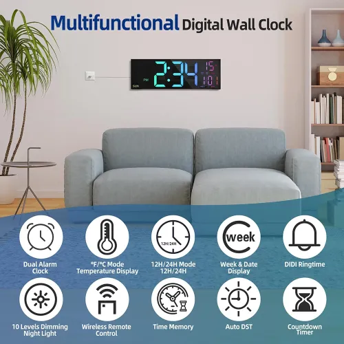 16 Inch Large LED Digital Wall Clock With Remote Control Dymamic RGB Display Automatic Brightness Date Temperature Night Light Gym Clock Suitable For Living Room Bedroom Office Wall Decoration