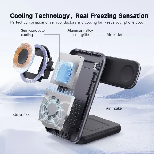 15W 3-in-1 Qi2 Magnetic Wireless Charger Fast Wireless Charging Station with Semiconductor Ice Cooling for Smart Phones for iPhone 17 17 Pro 16 15 14 Pro Max for Xiaomi 17pro for Samsung Galaxy Z TriFold for Huawei Mate XTs for Apple Watch for Airpods