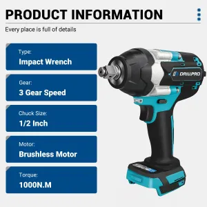 Drillpro Electric Impact Wrench High Torque 1800N.M 1/2 Inch Drive 7200 RPM Variable Speed with Forward Reverse Gears Compatible with 18V Battery Power Tool for DIY Projects and Professionals
