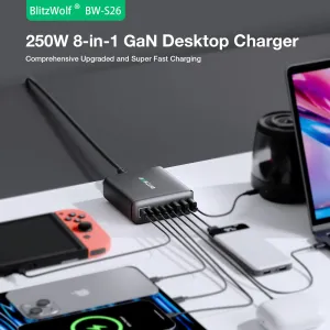[GaN Tech] Blitzwolf BW-S26 250W 8-Port USB PD Charger 3USB-A+5USB-C PD3.0 QC3.0 AFC FCP PPS APPLE Fast Charging Desktop Charging Station EU Plug for iPhone 15 14 13 for Samsung Galaxy Z Flip4 for MacBook Pro for Airpods for Apple Watch