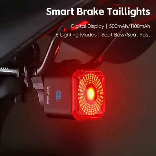 WESBIKING Smart Brake-activated Bicycle Taillight LEDigital Power Display Auto-stop Type-1100mAh Long Endurance Portable Bike Back Light for MTB Bike Road Bike Scooter