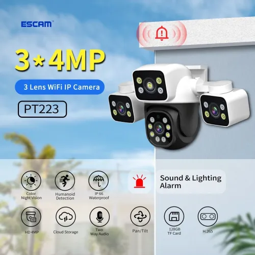 ESCAM PT223 3x4MP Three-Lens Camera Three-Screen PTZ Monitoring Sound And Light Alarm Two-Way Voice Cloud Storage Human Detect WiFi Camera