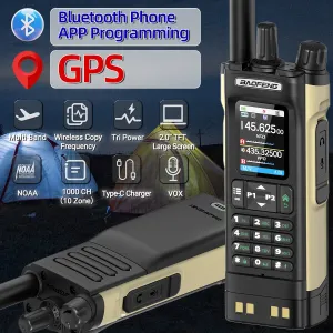 Baofeng UV32 10W GPS Walkie Talkies Sand Color Custom Two Way Radio Multi-Band Bluetooth APP Programming Tri-Power 2.0" TFT Screen NOAA Weather Reception