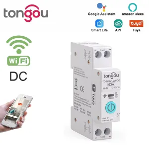 Tongou Tuya DC WIFI Smart Circuit Breaker 1P 63A DIN Rail for Smart Home Wireless Remote Control Switch Voice Control with Alexa Google Assistant