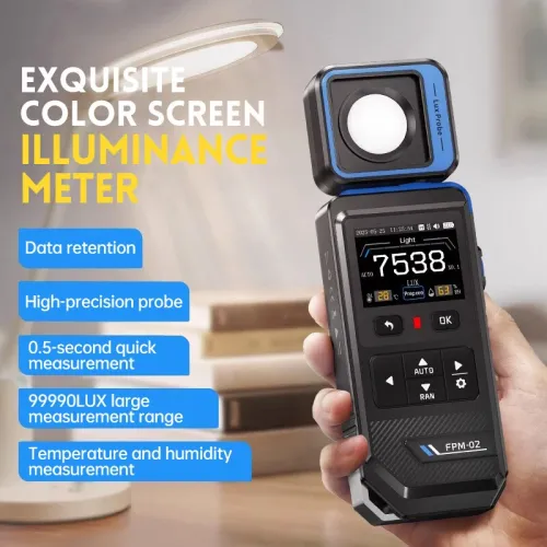 FNIRSI FPM-02 High Precision Illuminance Luxmeter Light Meter 99990 LUX Range Rotatable Probe TFT HD Screen Temperature Humidity Measurement Portable USB Rechargeable Sensor
