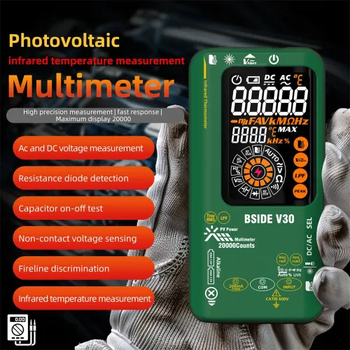 BSIDE V30 Digital Multimeter Infrared Thermometer Measures AC/DC Voltage Current Resistance Capacitance Frequency Dual Power Options Flashlight V~Alert 4:1 Object Distance Ratio