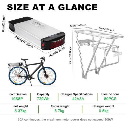 EU/USA Direct HANIWINNEHA074-04 36V 20Ah 720Wh Rear Rack E-Bike Battery - Powered by High-Quality 18650 Lithium-ion Cells | 30A BM| Waterproof | with Charger | Rear Taillight | Fits 36V 250W-800W Motor