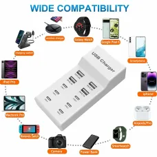 50W 10-Port USB Charger 4USB-A+6USB-C Fast Charging Desktop Charging Station EU Plug US Plug for iPhone 15 14 13 for Samsung Galaxy S24 for Huawei Pura 70 Ultra