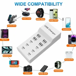 50W 10-Port USB Charger 4USB-A+6USB-C Fast Charging Desktop Charging Station EU Plug US Plug for iPhone 15 14 13 for Samsung Galaxy S24 for Huawei Pura 70 Ultra