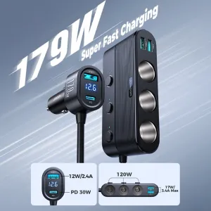 Joyroom JR-CCL01 179W 7 in 1 Car Charger CigaretteLighter Adapter 3 CigaretteLighter+3USB-A+USB-C PD QC3.0 Fast Charging with Blue LED Support GPS Navigation Independent Switches for Dash Cam Vacuum Cleaner Car Fridge