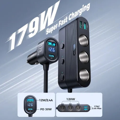 Joyroom JR-CCL01 179W 7 in 1 Car Charger CigaretteLighter Adapter 3 CigaretteLighter+3USB-A+USB-C PD QC3.0 Fast Charging with Blue LED Support GPS Navigation Independent Switches for Dash Cam Vacuum Cleaner Car Fridge