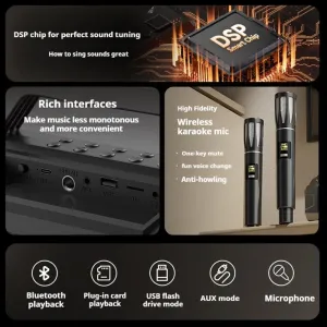 Claison T9 Plus bluetooth Speaker Karaoke Portable Speaker with Dual Microphones HiFi Bass Driver DSP Chip RGB Light Support USB AUX TF Card Playback Phone Charger Wireless KTV Speakers