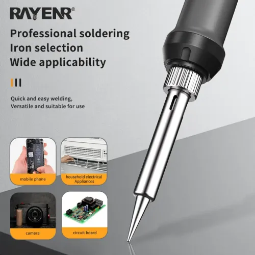 RAYENR Digital Soldering Iron 60W Adjustable Temperature 150C-500C Ceramic Heating Element 18-Piece Kit with Stand Desoldering Pump Tweezers Cutter